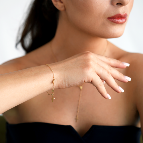 Rozariu 42 cm din Aur Galben de 14K cu Bile Diamantate si Lant Diamantat