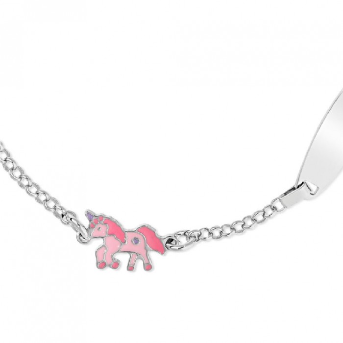 Bratara cu Placuta Pentru Copii Unicorn Roz din Argint 925, Placat cu Rodiu și Email Bratara cu Placuta Pentru Copii Unicorn Roz din Argint 925, Placat cu Rodiu și Email