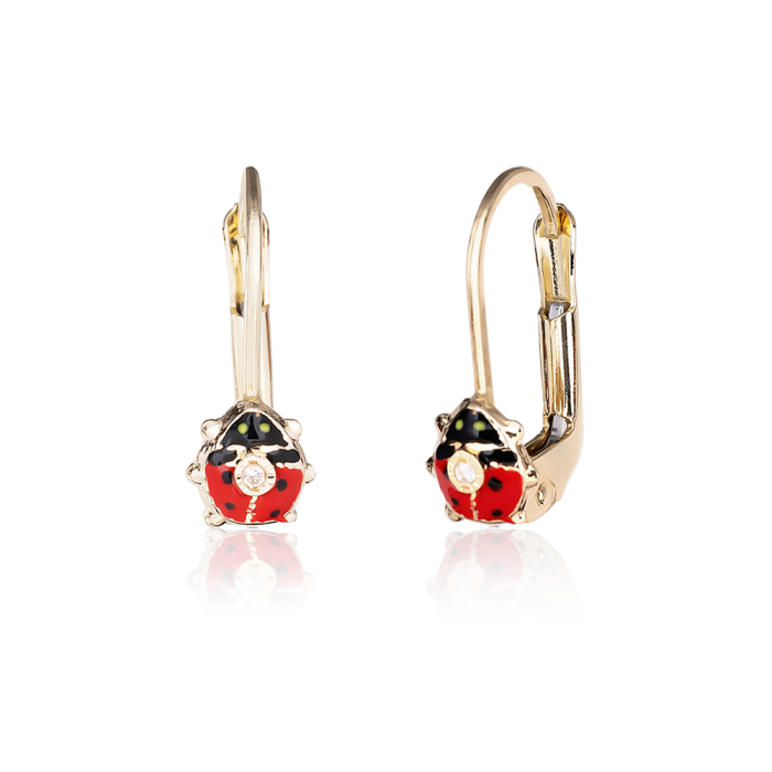 Cercei cu Tortite pentru Copii din Aur Galben de 18K cu Diamante de 0.05ct si Buburuza