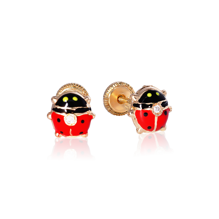 Cercei cu Protectie pentru Copii din Aur Galben de 18K cu Diamante de 0.05ct si Buburuza
