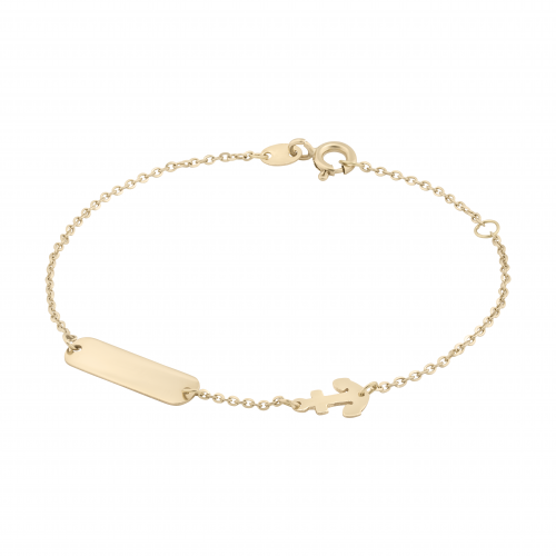 Bratara pentru Copii din Aur Galben de 18K cu Ancora si Placuta Nume
