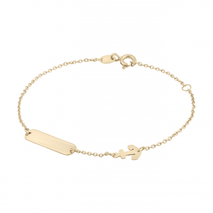 Bratara pentru Copii din Aur Galben de 18K cu Ancora si Placuta Nume