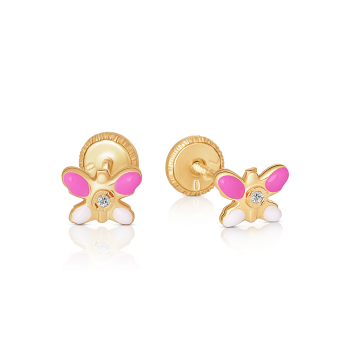Cercei cu Protectie pentru Copii din Aur Galben de 18K  cu Diamante de 0.05ct si Fluture