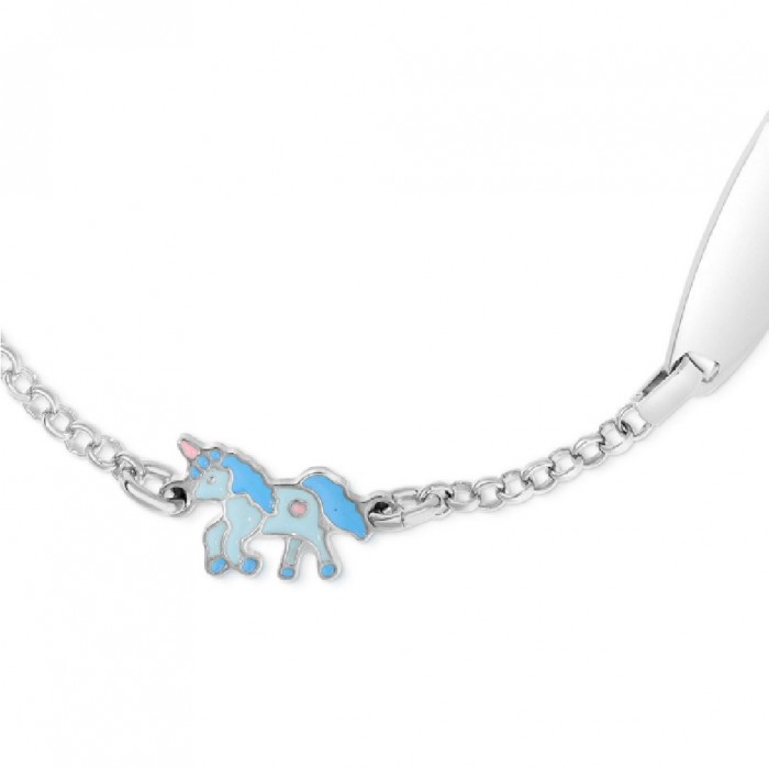 Bratara cu Placuta Pentru Copii Unicorn Albastru din Argint 925, Placat cu Rodiu și Email Bratara cu Placuta Pentru Copii Unicorn Albastru din Argint 925, Placat cu Rodiu și Email