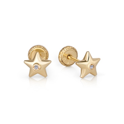 Cercei cu Protectie pentru Copii din Aur Galben de 18K cu Diamante de 0.05 ct si Stea Cercei cu Protectie pentru Copii din Aur Galben de 18K cu Diamante de 0.05 ct si Stea