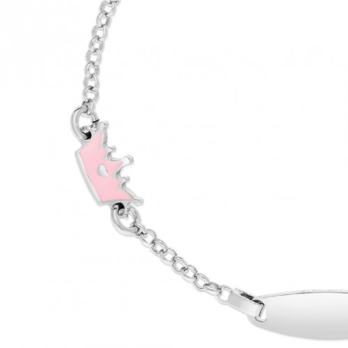 Bratara cu Placuta Pentru Copii Coronita Roz din Argint 925, Placat cu Rodiu și Email