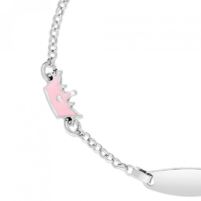 Bratara cu Placuta Pentru Copii Coronita Roz din Argint 925, Placat cu Rodiu și Email