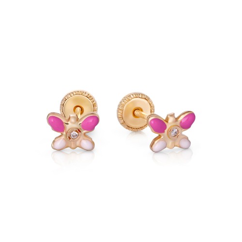 Cercei cu Protectie pentru Copii din Aur Galben de 18K  cu Diamante de 0.05ct si Fluture