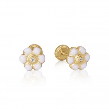 Cercei cu Protectie pentru Copii din Aur Galben de 18K  cu Diamante de 0.05ct si Floare