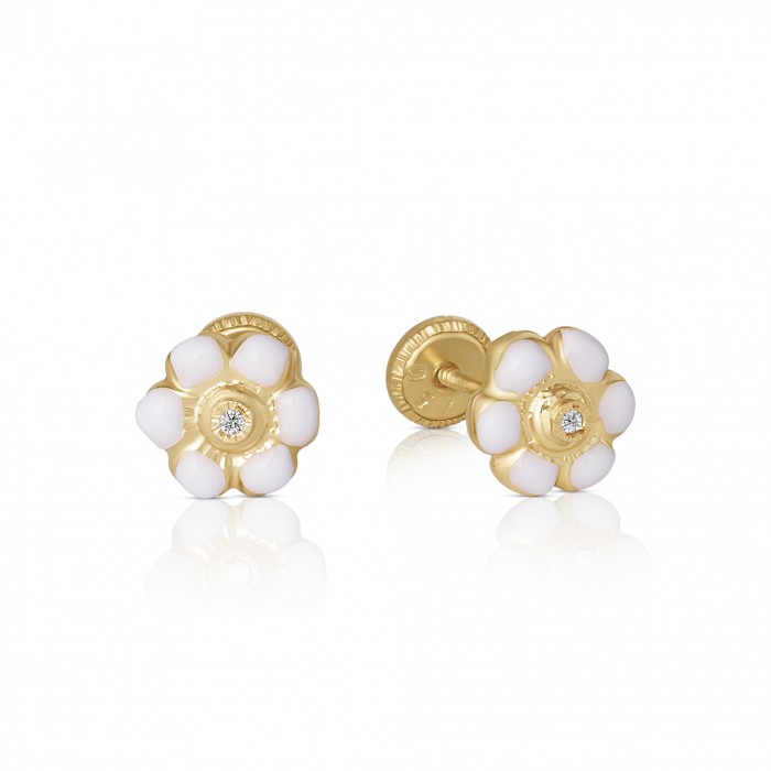 Cercei cu Protectie pentru Copii din Aur Galben de 18K cu Diamante de 0.05ct si Floare Cercei cu Protectie pentru Copii din Aur Galben de 18K cu Diamante de 0.05ct si Floare