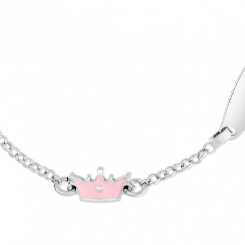 Bratara cu Placuta Pentru Copii Coronita Roz din Argint 925, Placat cu Rodiu și Email