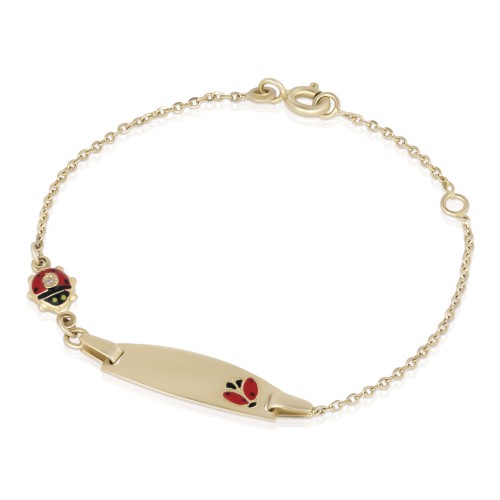 Bratara din Aur de 18K  pentru Copii cu Diamant Natural, Placuta Nume si Buburuza Rosie