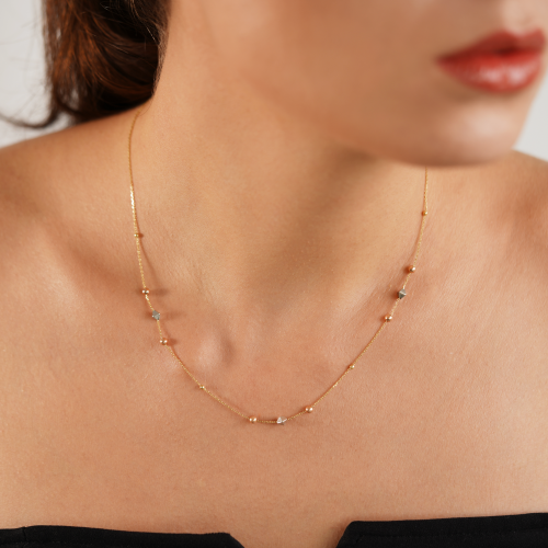 18K Yellow, White and Rose Gold Necklace with Balls and Rhombus 18K Yellow, White and Rose Gold Necklace with Balls and Rhombus