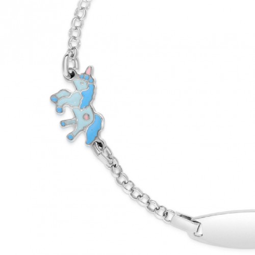 Bratara cu Placuta Pentru Copii Unicorn Albastru din Argint 925, Placat cu Rodiu și Email Bratara cu Placuta Pentru Copii Unicorn Albastru din Argint 925, Placat cu Rodiu și Email