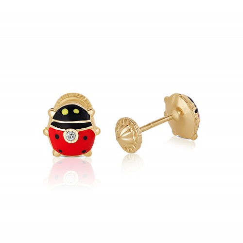 Cercei cu Protectie pentru Copii din Aur Galben de 18K cu Diamante de 0.05ct si Buburuza