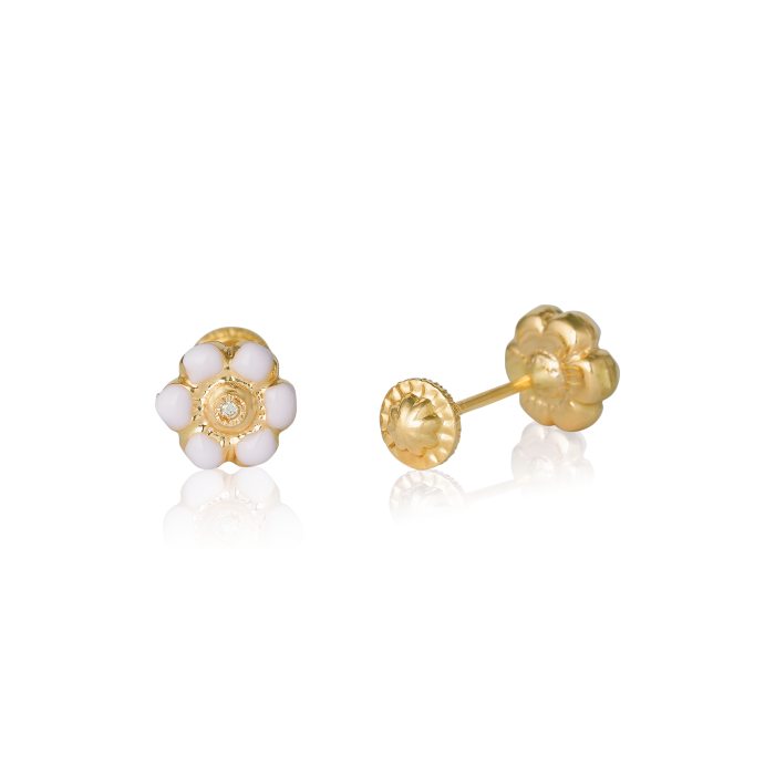 Cercei cu Protectie pentru Copii din Aur Galben de 18K cu Diamante de 0.05ct si Floare Cercei cu Protectie pentru Copii din Aur Galben de 18K cu Diamante de 0.05ct si Floare