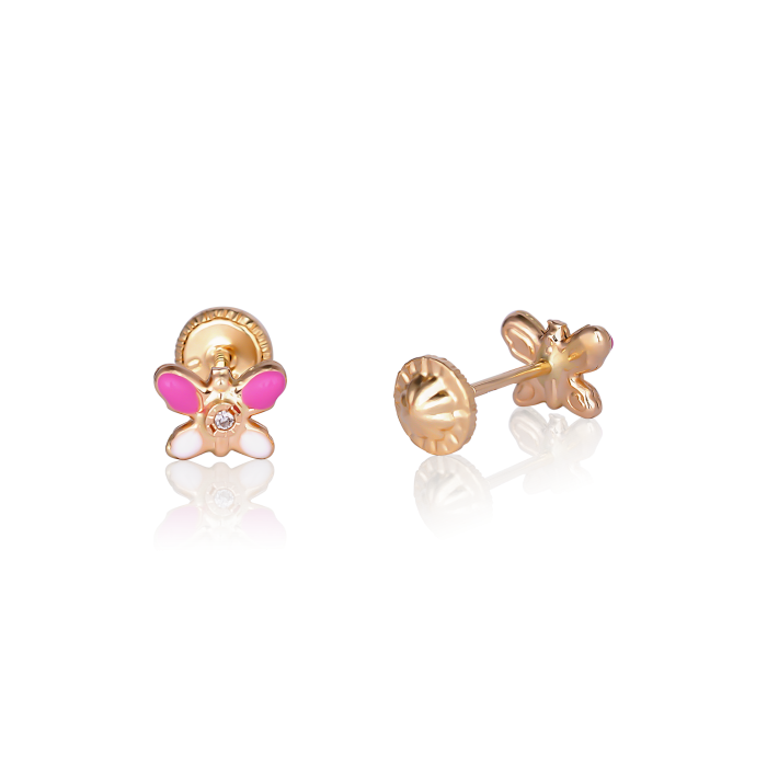 Cercei cu Protectie pentru Copii din Aur Galben de 18K  cu Diamante de 0.05ct si Fluture