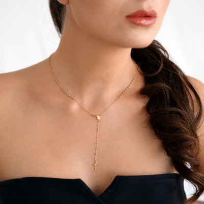 Rozariu 42 cm din Aur Galben de 14K cu Bile Diamantate si Lant Diamantat