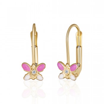 Cercei cu Tortite pentru Copii din Aur Galben de 18K  cu Diamante de 0.05ct si Fluture