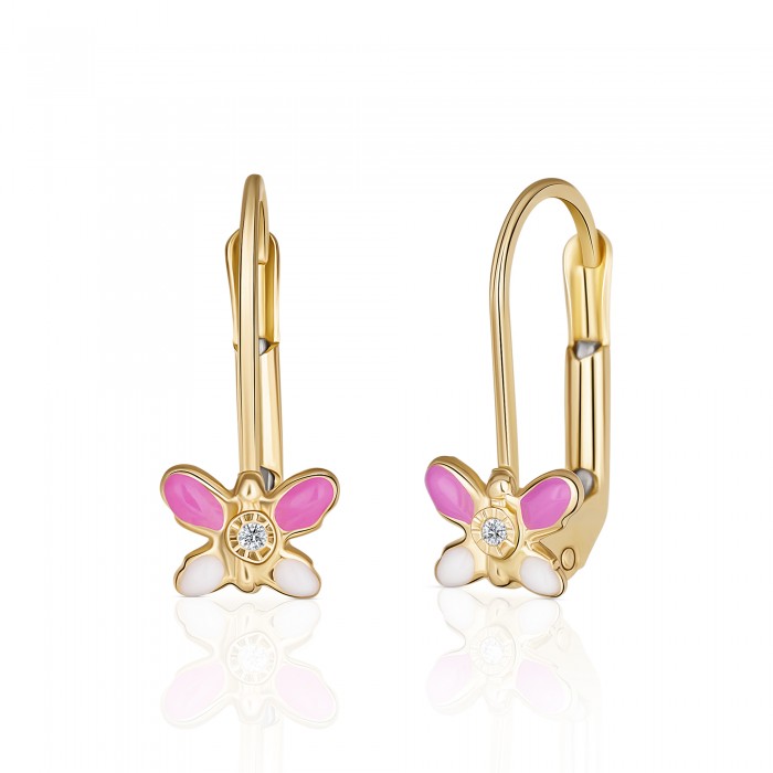 Cercei cu Tortite pentru Copii din Aur Galben de 18K  cu Diamante de 0.05ct si Fluture