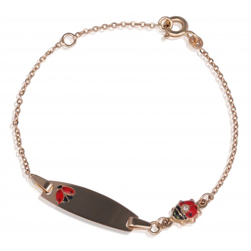 Bratara din Aur de 18K  pentru Copii cu Diamant Natural, Placuta Nume si Buburuza Rosie