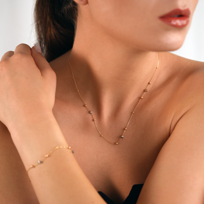 18K Yellow, White and Rose Gold Necklace with Balls and Rhombus 18K Yellow, White and Rose Gold Necklace with Balls and Rhombus