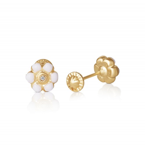 Cercei cu Protectie pentru Copii din Aur Galben de 18K cu Diamante de 0.05ct si Floare Cercei cu Protectie pentru Copii din Aur Galben de 18K cu Diamante de 0.05ct si Floare