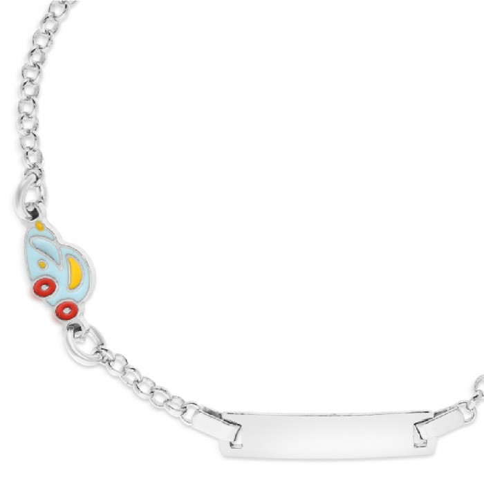 Bratara cu Placuta Pentru Copii Masina Albastra din Argint 925, Placat cu Rodiu și Email