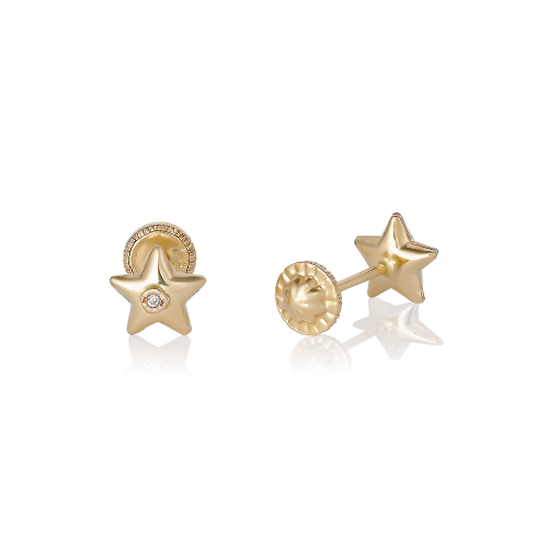 Cercei cu Protectie pentru Copii din Aur Galben de 18K cu Diamante de 0.05 ct si Stea Cercei cu Protectie pentru Copii din Aur Galben de 18K cu Diamante de 0.05 ct si Stea