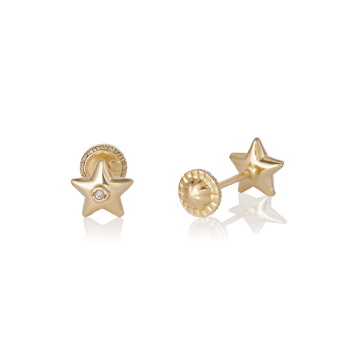 Cercei cu Protectie pentru Copii din Aur Galben de 18K cu Diamante de 0.05 ct si Stea Cercei cu Protectie pentru Copii din Aur Galben de 18K cu Diamante de 0.05 ct si Stea