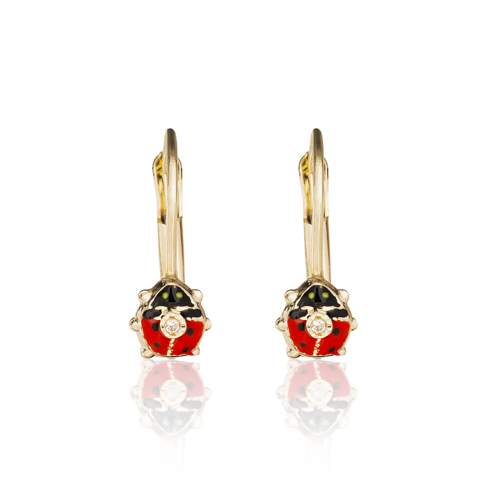 Cercei cu Tortite pentru Copii din Aur Galben de 18K cu Diamante de 0.05ct si Buburuza