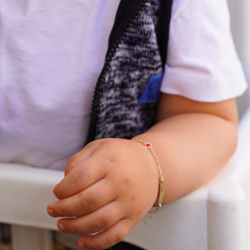 Bratara pentru Copii din Aur Galben de 14K cu Placuta Nume si Inima Rosie