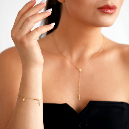 Rozariu 42 cm din Aur Galben de 14K cu Bile Diamantate si Lant Diamantat