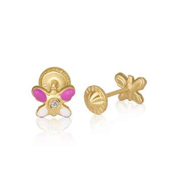 Cercei cu Protectie pentru Copii din Aur Galben de 18K  cu Diamante de 0.05ct si Fluture