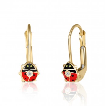 Cercei cu Tortite pentru Copii din Aur Galben de 18K cu Diamante de 0.05ct si Buburuza