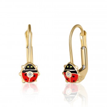Cercei cu Tortite pentru Copii din Aur Galben de 18K cu Diamante de 0.05ct si Buburuza