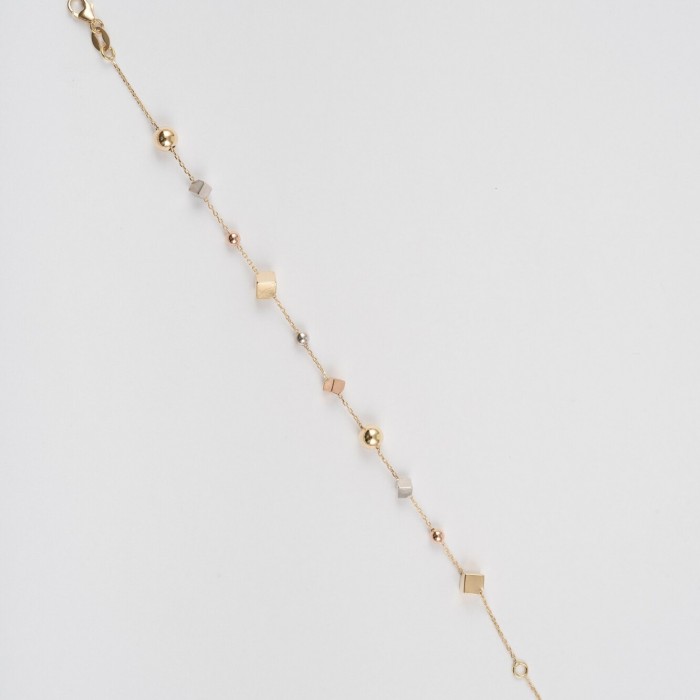 Bratara din Aur Galben, Alb, Roz de 18K cu Bile Diamantate, Cuburi si Lant Diamantat Bratara din Aur Galben, Alb, Roz de 18K cu Bile Diamantate, Cuburi si Lant Diamantat